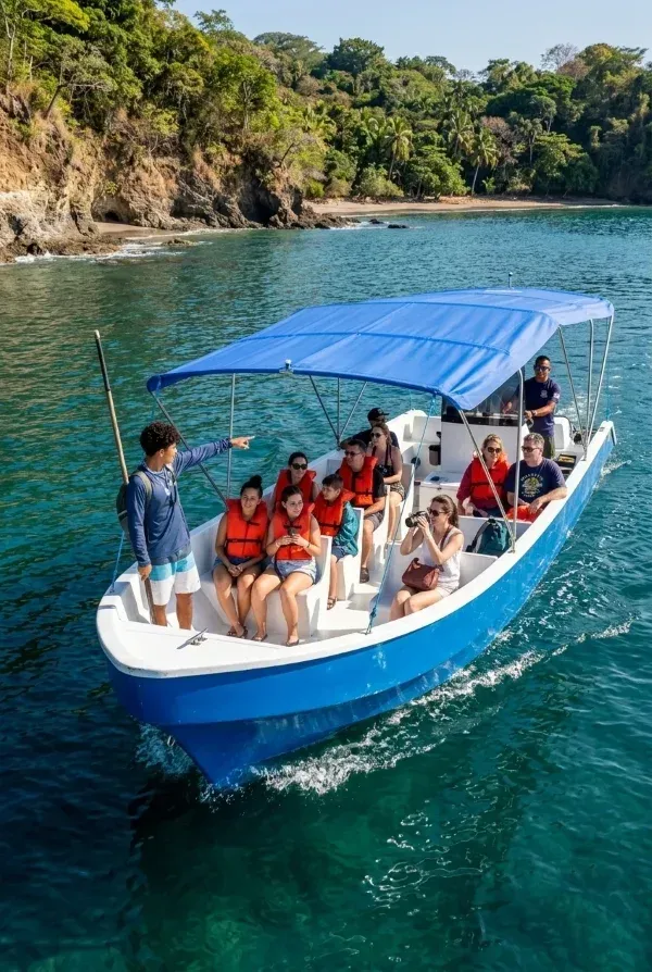 Blue and white motorboat carrying passengers along a lush tropical coastline, with turquoise water, rocky cliffs, and sandy beaches.