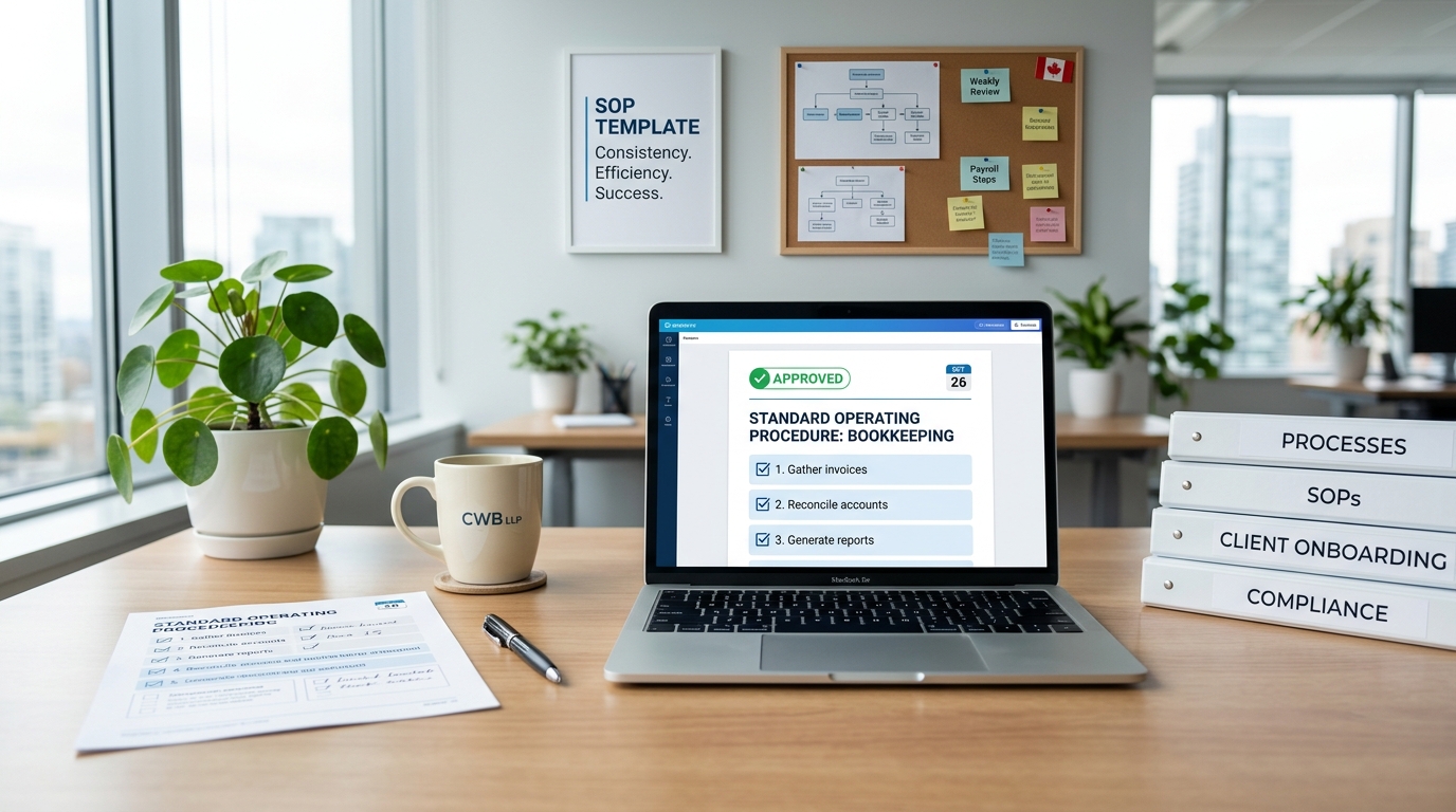 SOP document template with numbered steps on a laptop in a bright office