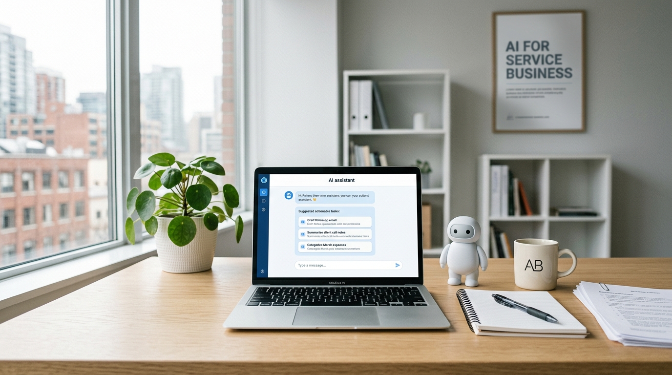 AI assistant chat panel on a laptop in a bright office — AI use cases for service businesses