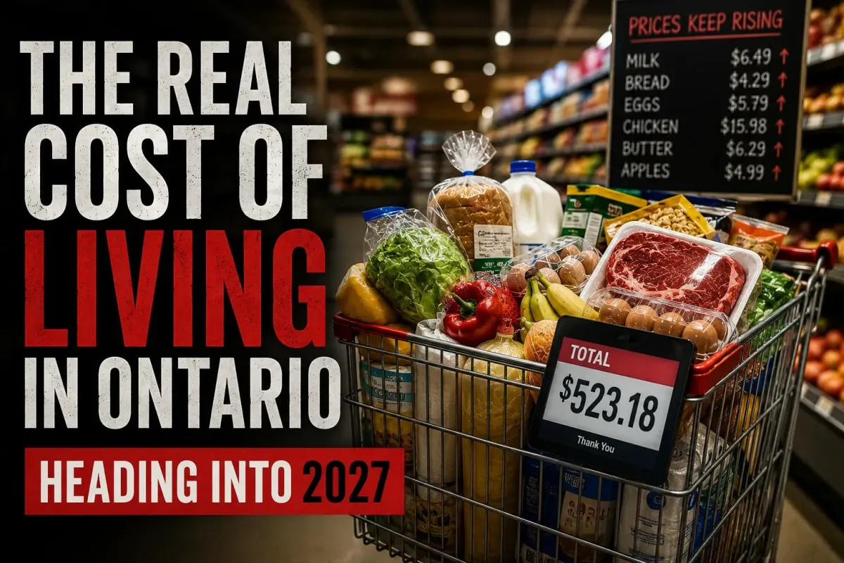 Ontario resident reviewing household bills, utilities, taxes, and monthly expenses at home
