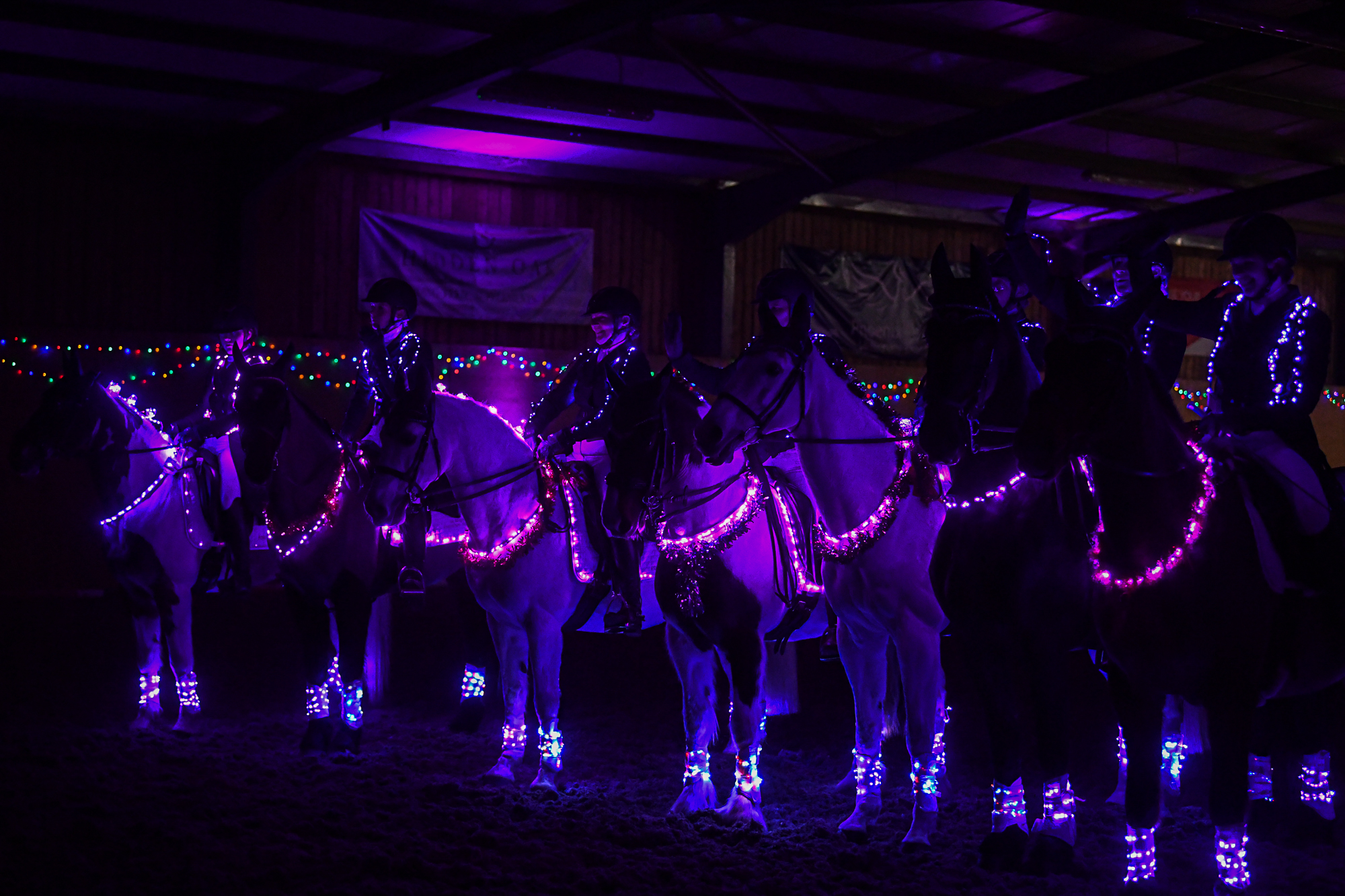 Formation riders performing under lights at the All-Steps Christmas Show