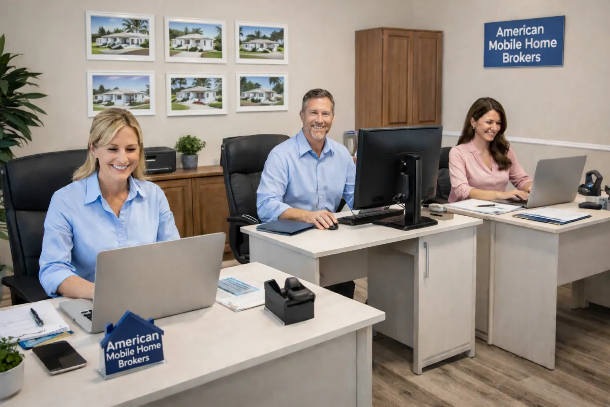 Diverse support team of three, two women and one man, sitting at a modern office desk with laptops and headsets, smiling and ready to assist. The background shows large windows and greenery outside.