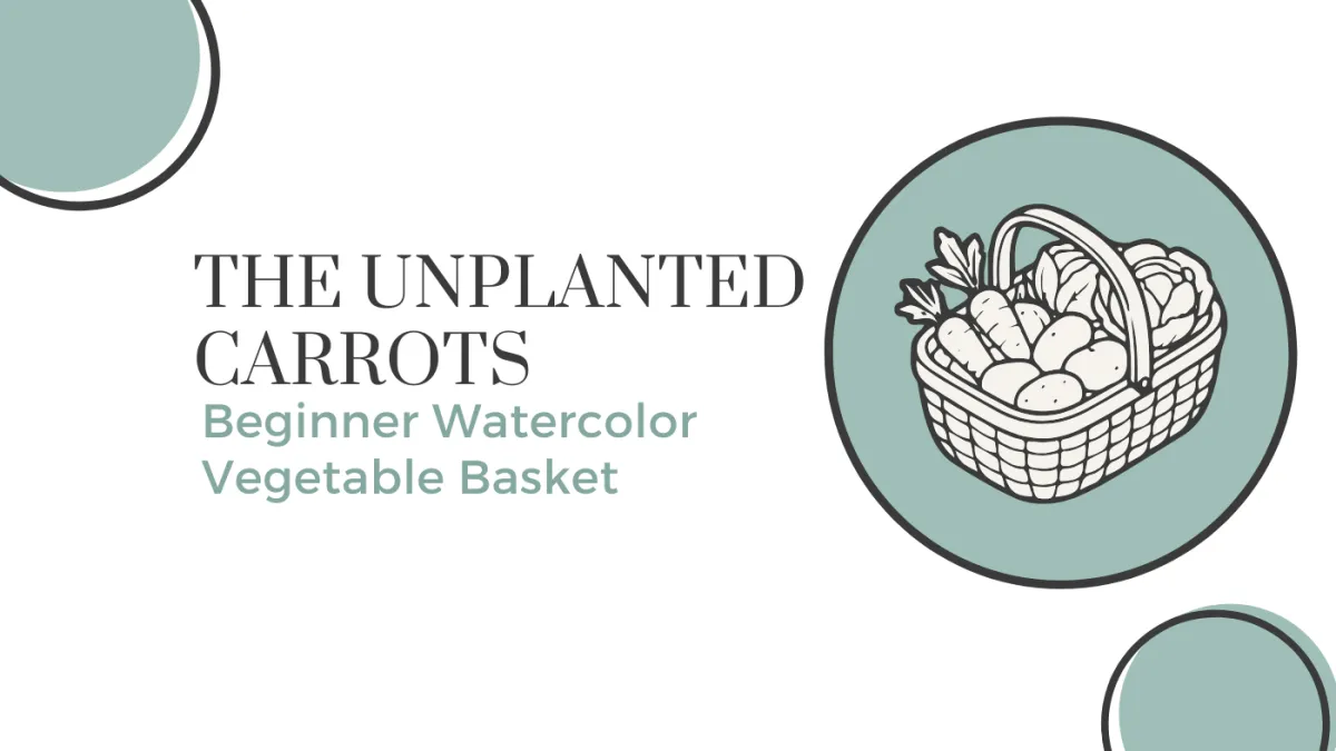 Whimsical beginner watercolor vegetable basket with zucchini, squash, tomato, peppers, lettuce, basil and carrots