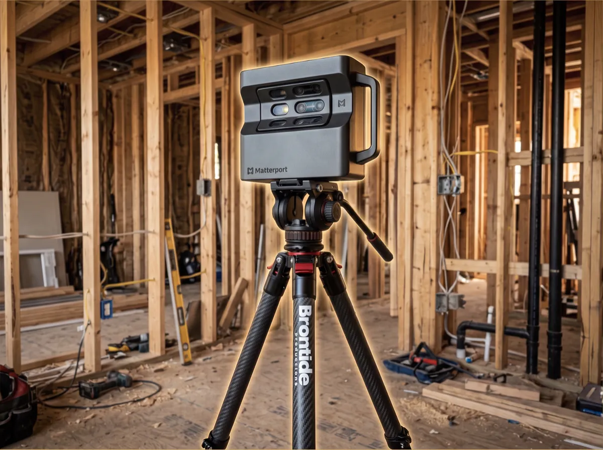 Professional Matterport Pro 2 3D laser camera system positioned on heavy duty tripod on building rough-in site