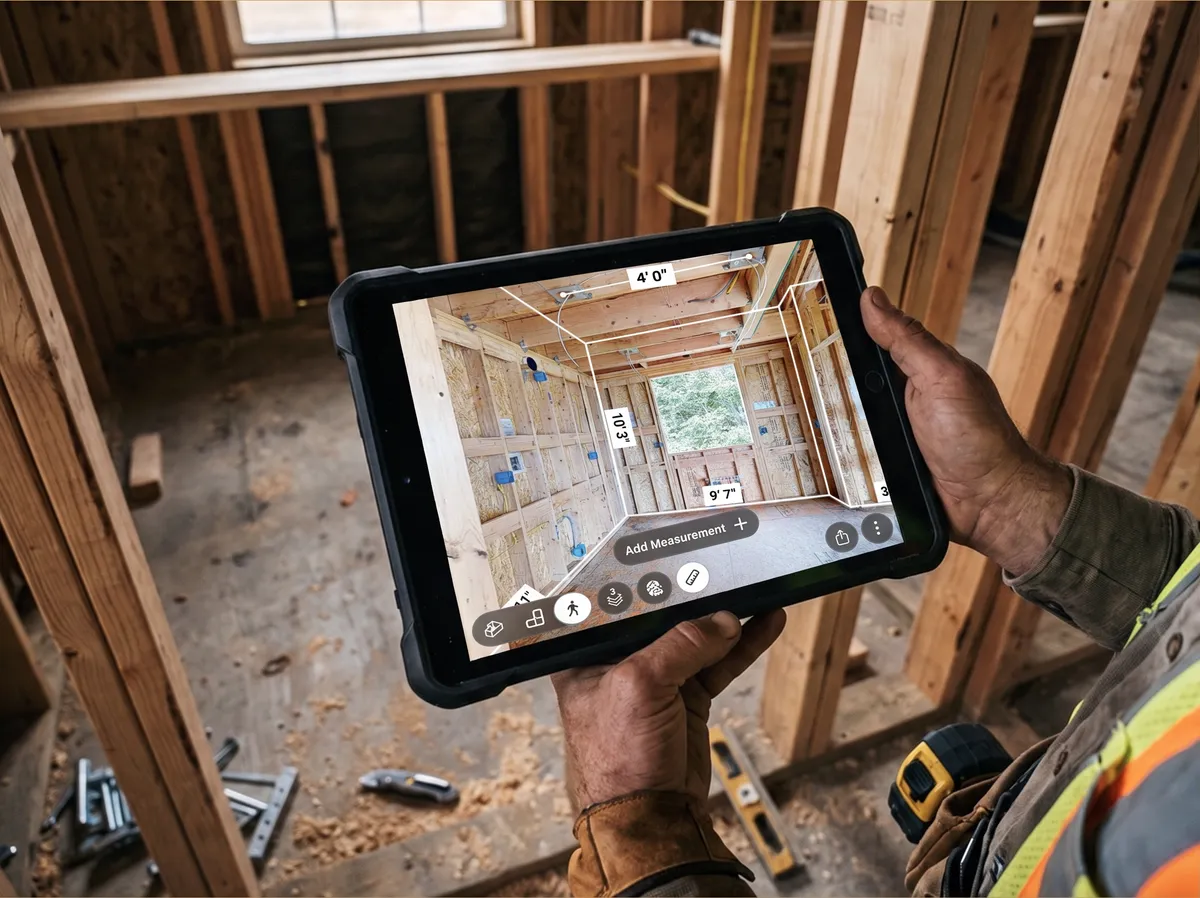 3D interface showing digital measurement dimension lines between wall stud and conduit plumbing rough-in