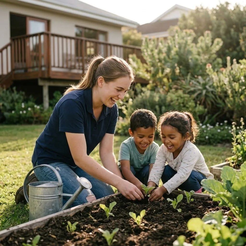 Au pair planting seedlings with two young children