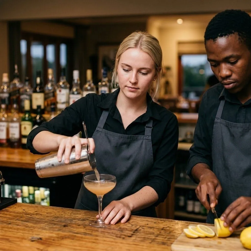 Bartender pouring a cocktail while a colleague slices lemons