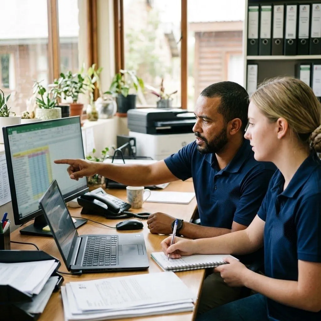 Two administrators working on a spreadsheet together