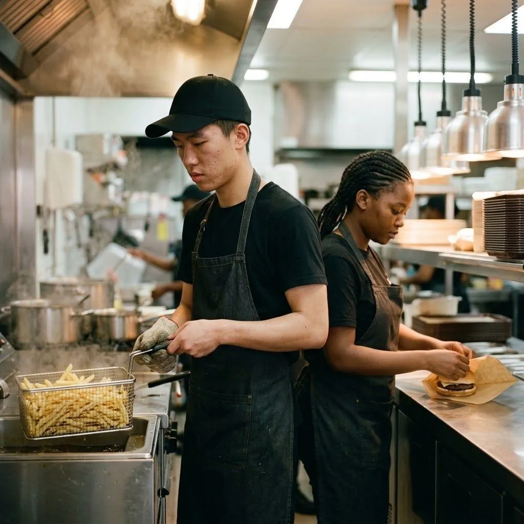 Two trainees working the fryer and prep counter in a fast-food kitchen