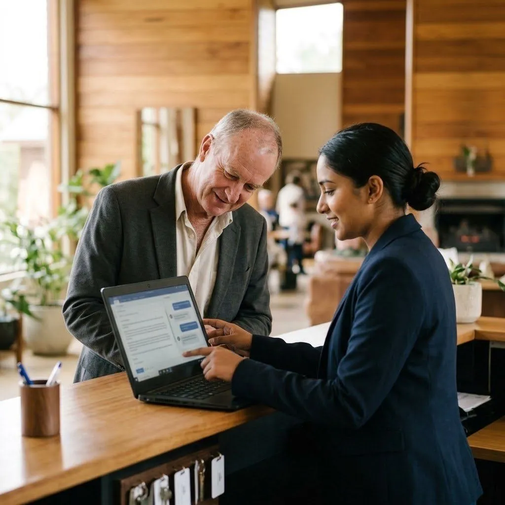 Receptionist showing her manager an AI assistant on a laptop