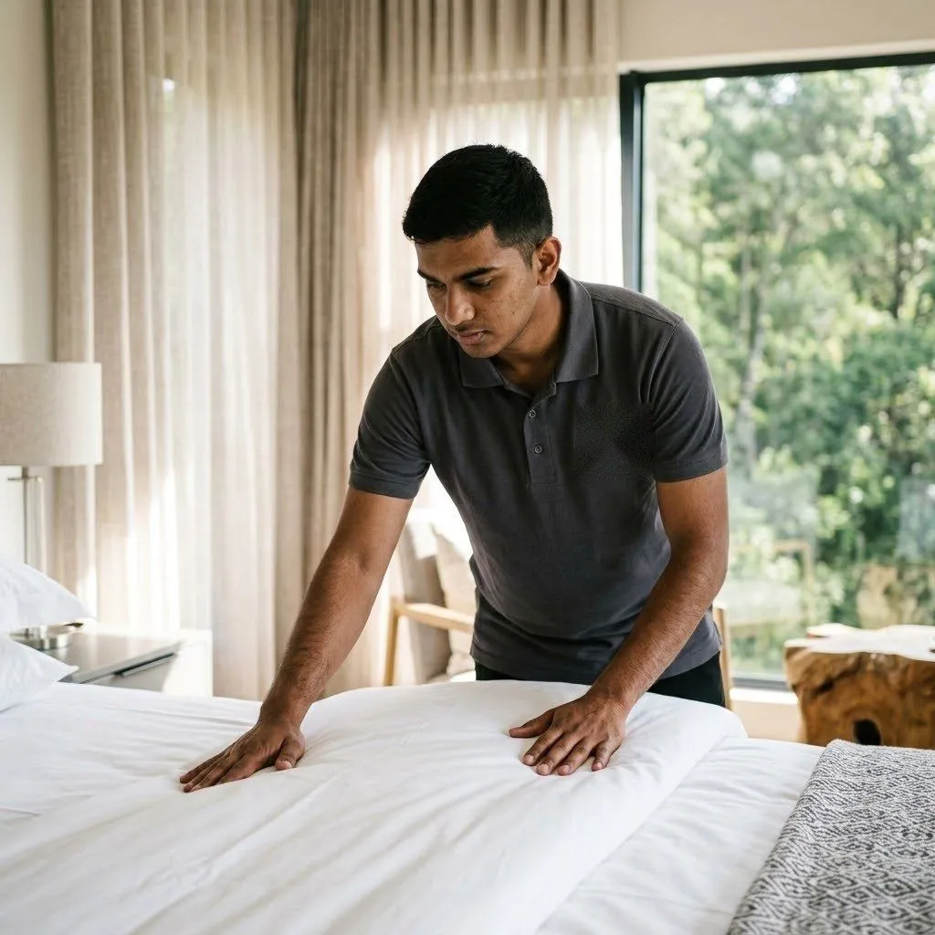 Room attendant smoothing a duvet in a hotel room