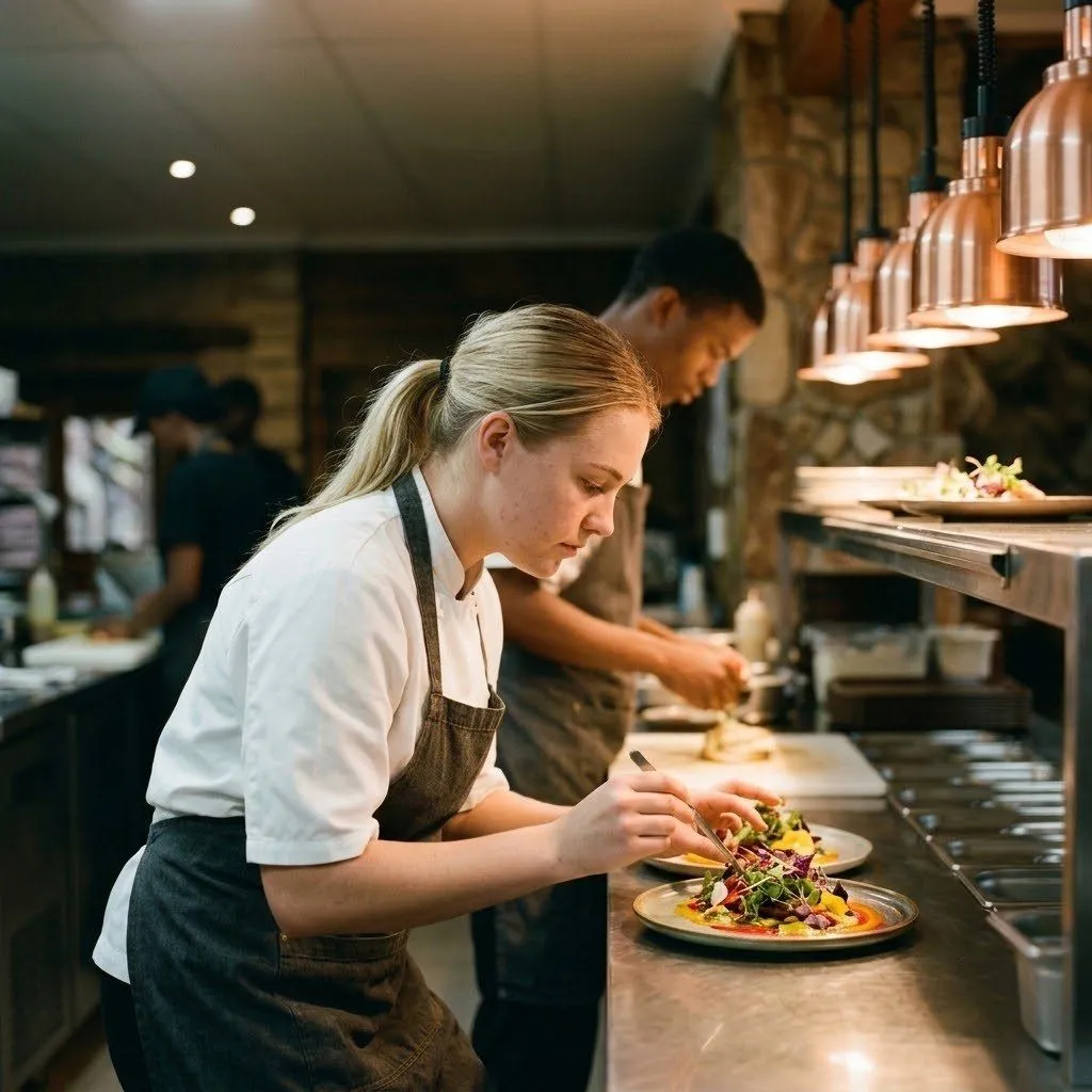 Culinary student plating a dish at the pass