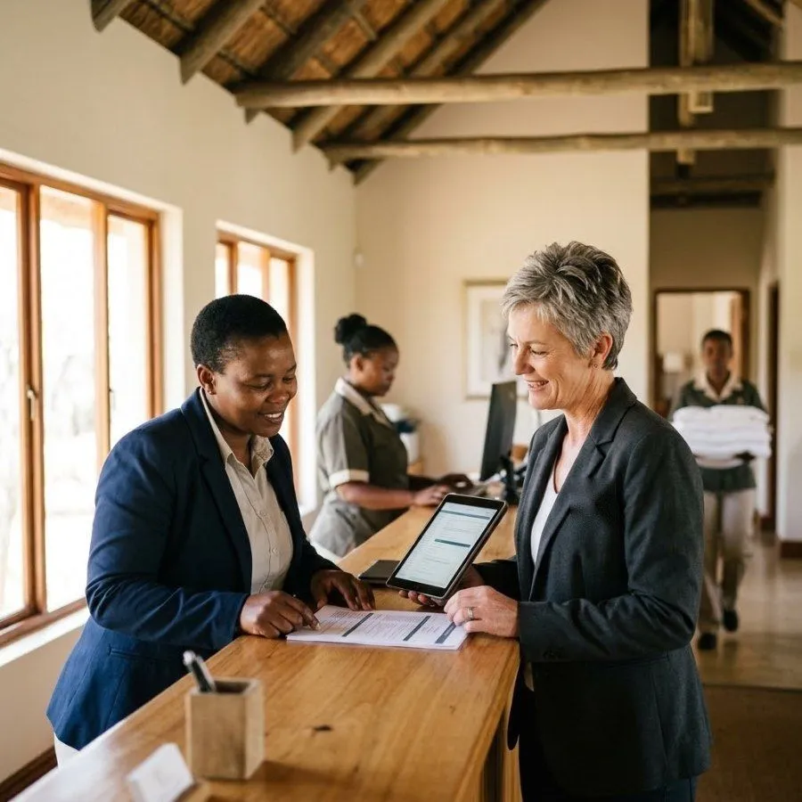 A lodge manager and an Injongo training consultant planning staff training at reception