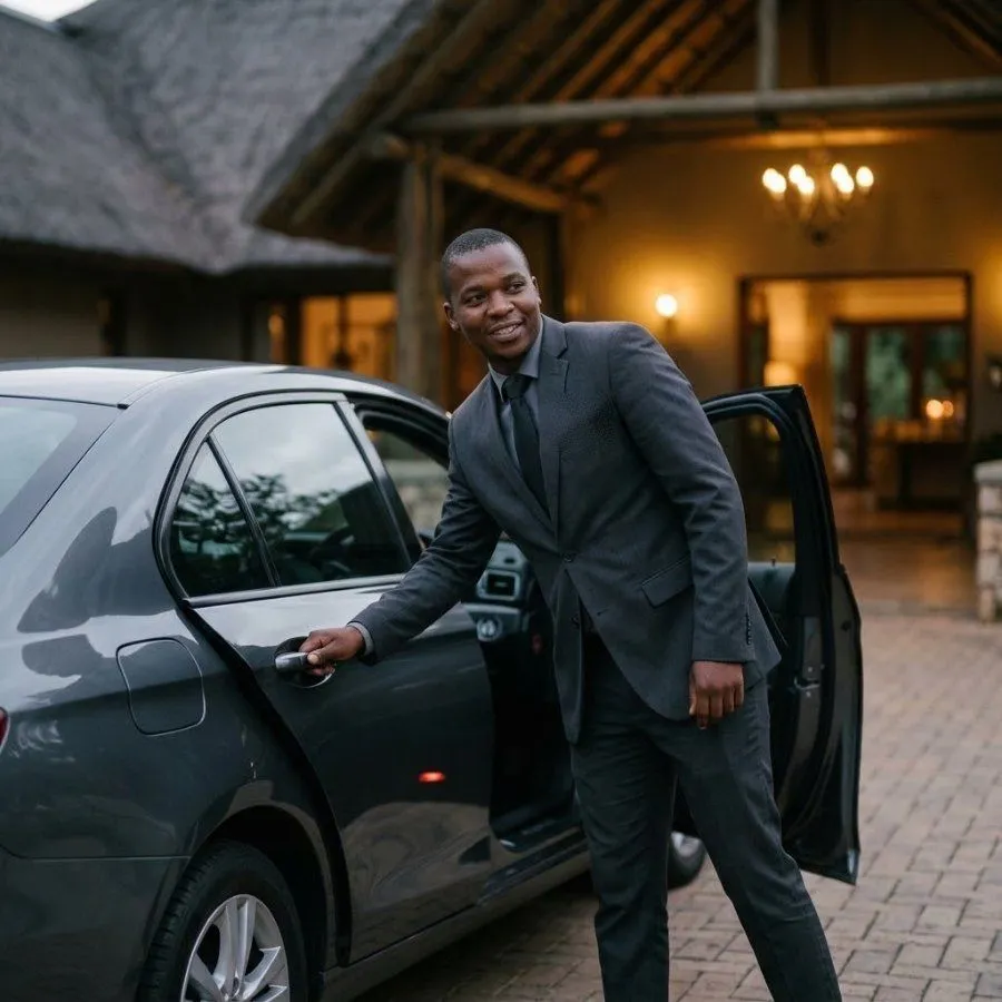 Chauffeur holding the car door open at a lodge entrance