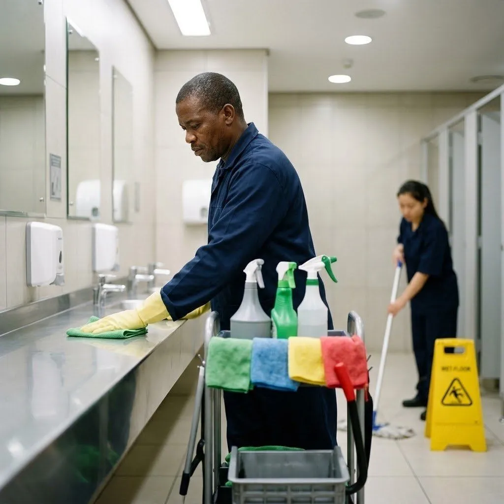 Cleaning team at work in a washroom