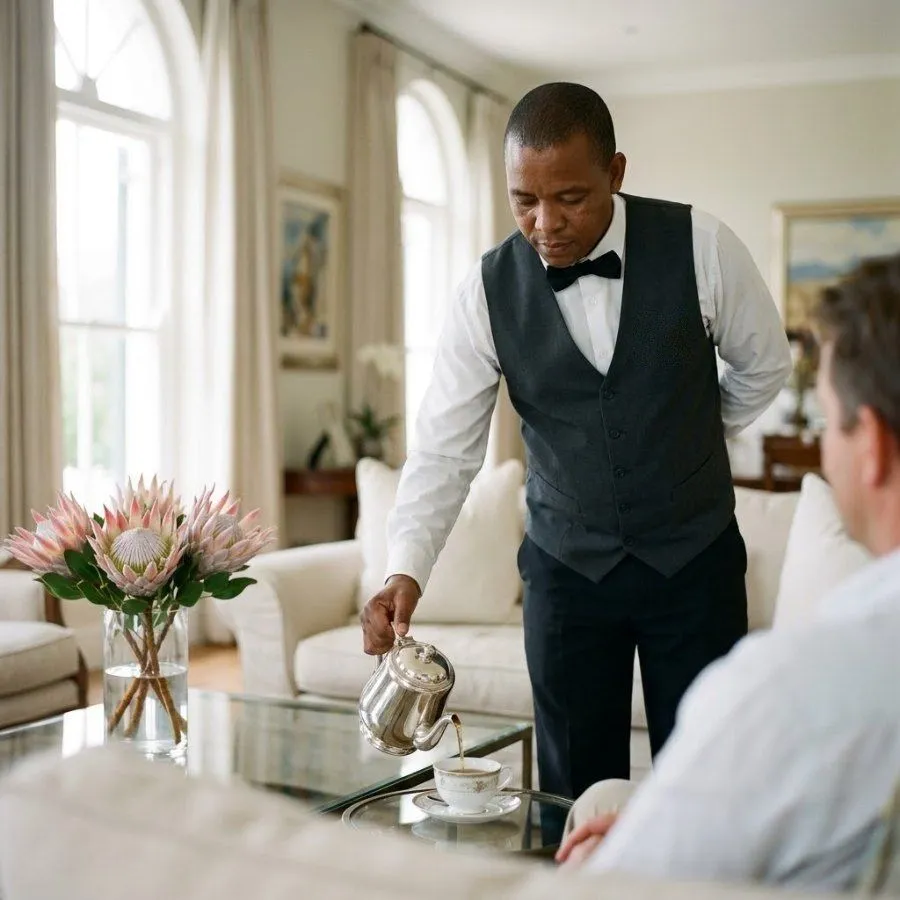 Butler pouring tea for a guest in a villa lounge