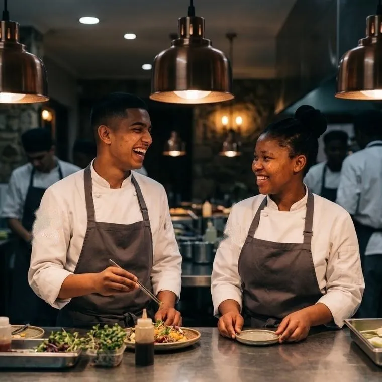 Two cooks working at the pass