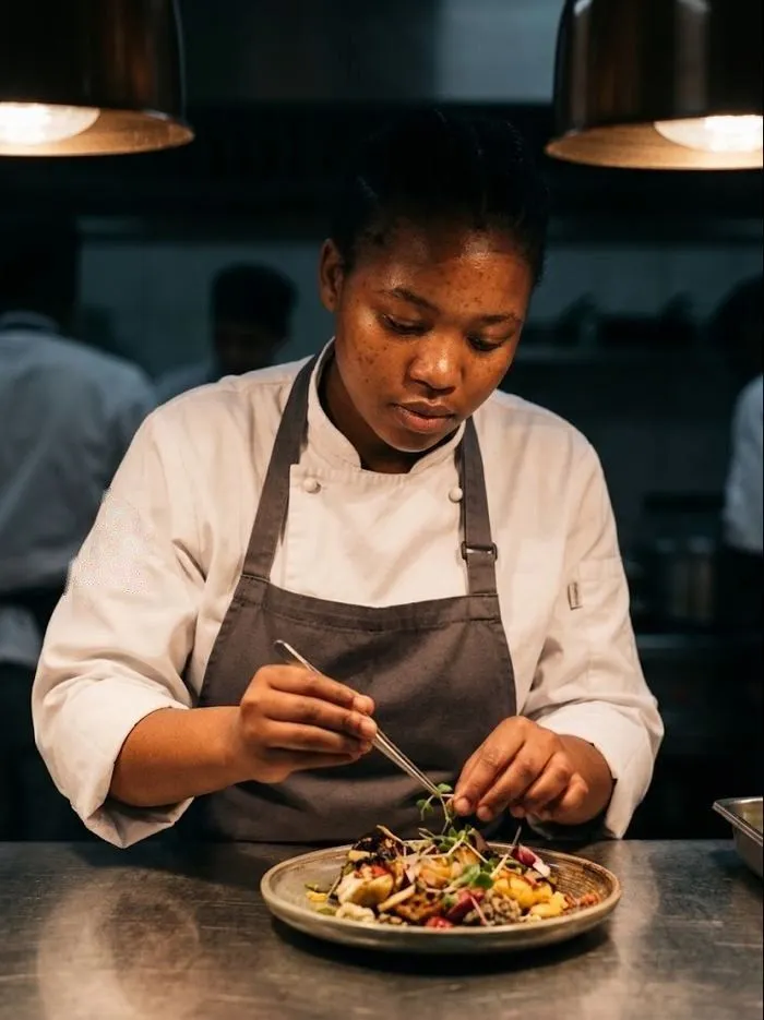 Student plating a dish