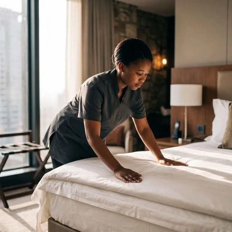 Room attendant making a hotel bed