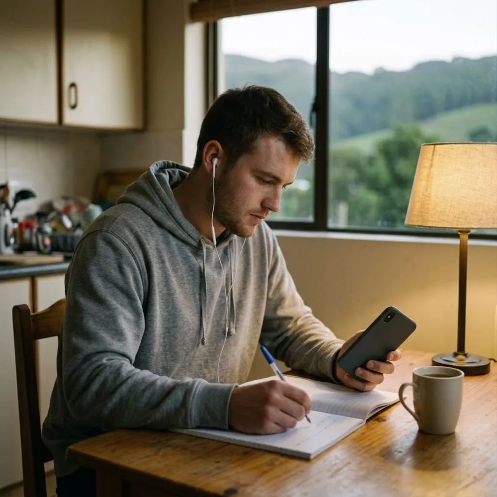 Learner doing an online course on his phone at home