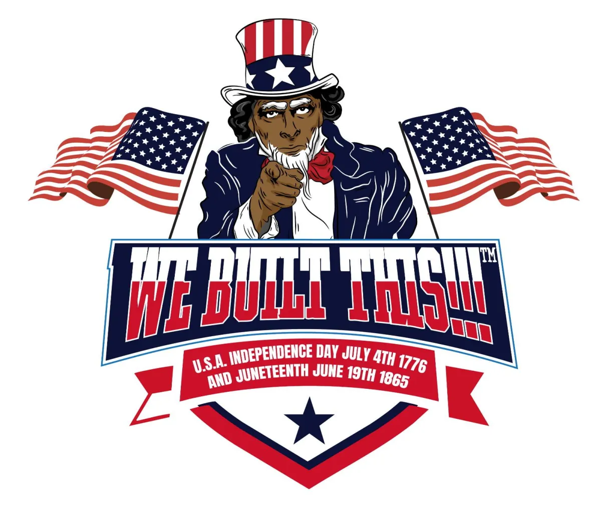 Fist in the air surrounded by American flags with the words We Built This