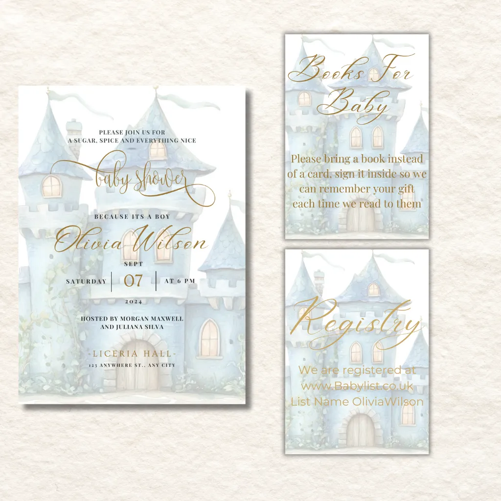 Beautiful Baby Shower Templates including an invitation, book request and registry cards with a blue fairytale castle design