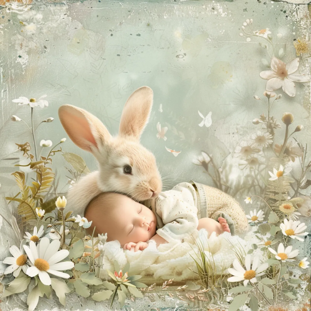 animated picture of a bunny cuddling a baby with delicate florals
