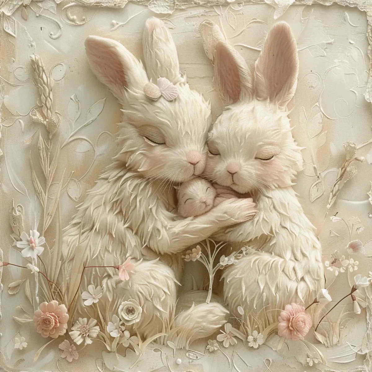 animated picture of two bunnies cuddling a baby bunny with delicate florals