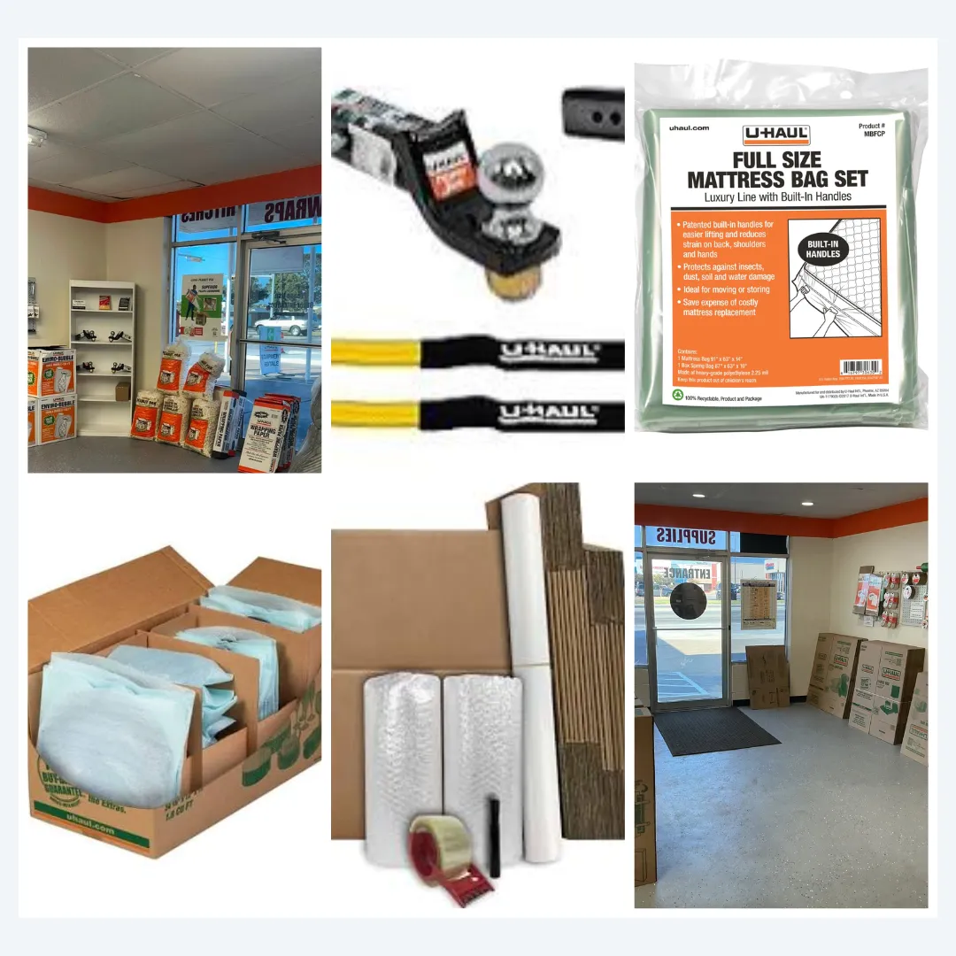 Organized U-Haul moving trucks, cargo trailers, and staging equipment ready for rental at Mega Space Location 1