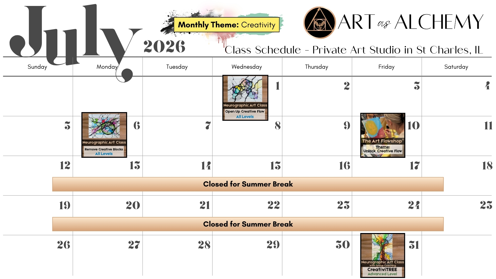 March 2026 Class Schedule - Art as Alchemy Studio - St Charles, IL