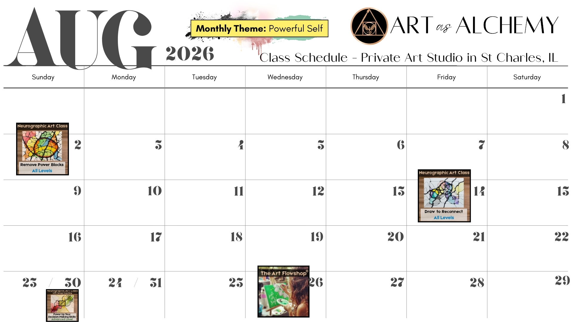 August 2026 Class Schedule - Art as Alchemy Studio - St Charles, IL