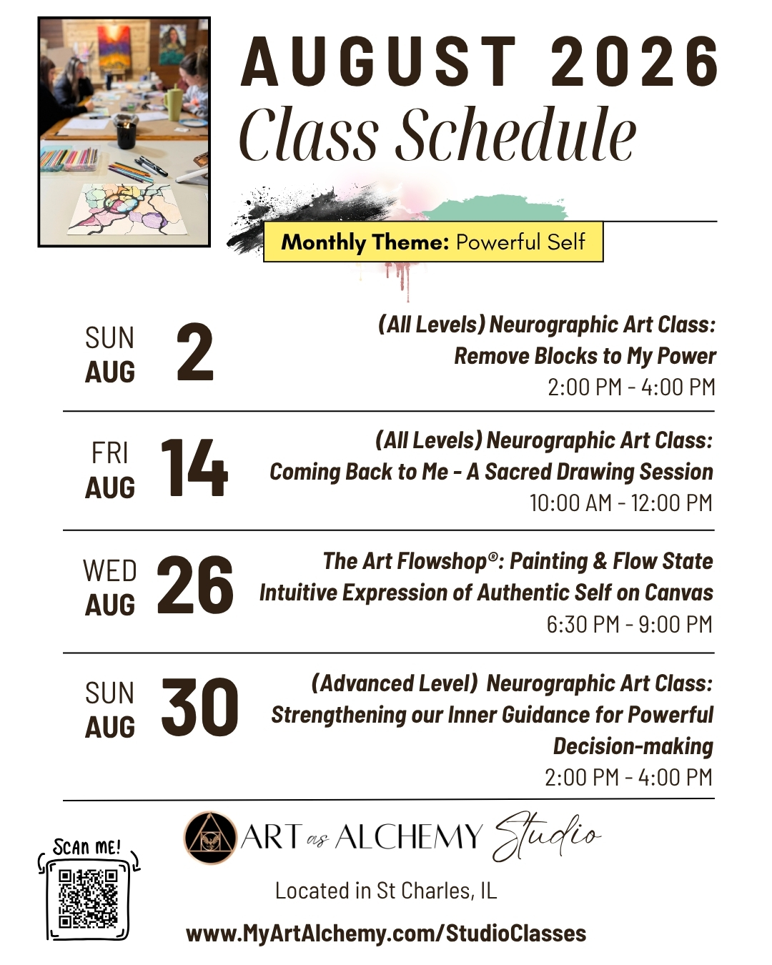 August 2026 Class Schedule - Art as Alchemy Studio - St Charles, IL