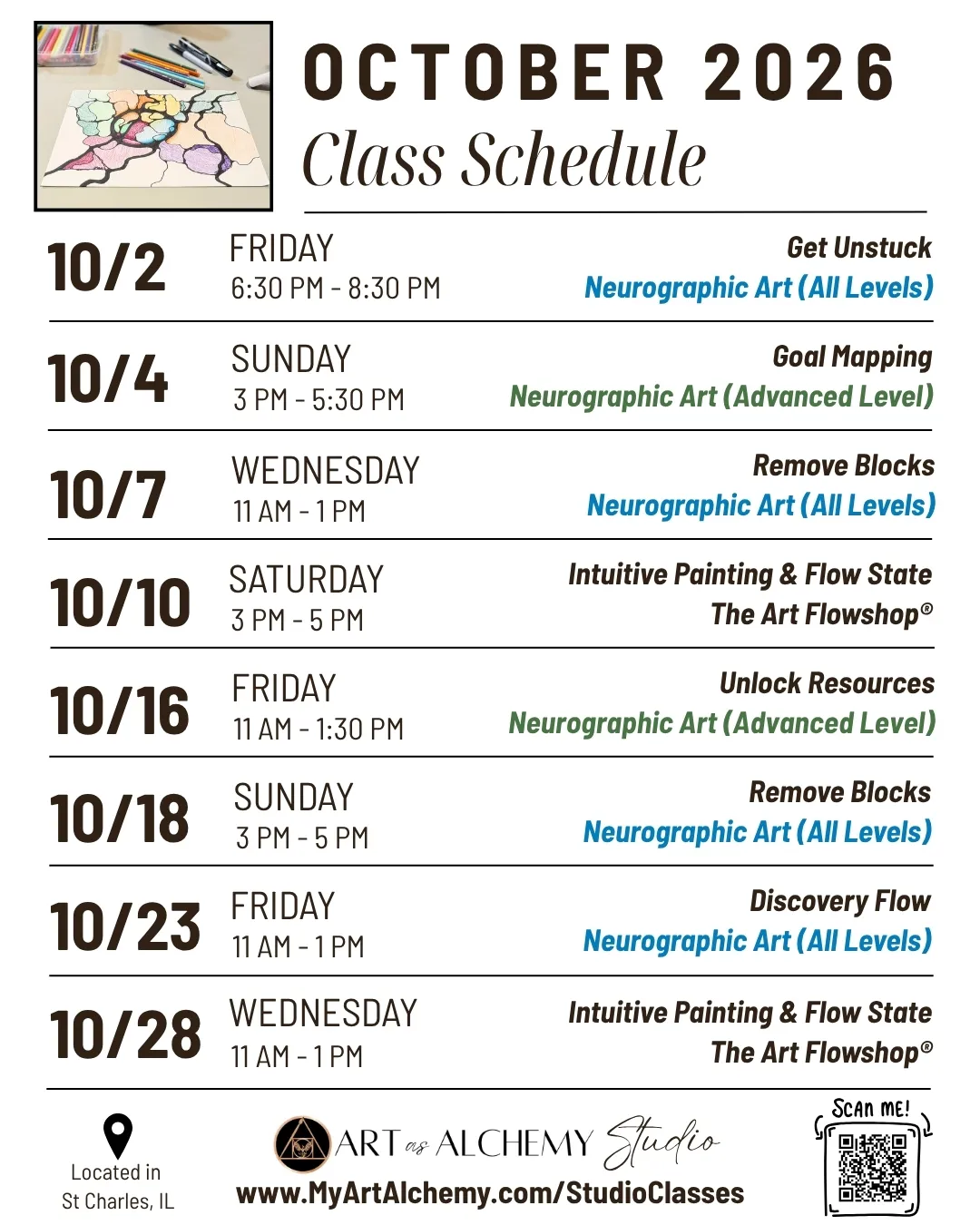 August 2026 Class Schedule - Art as Alchemy Studio - St Charles, IL