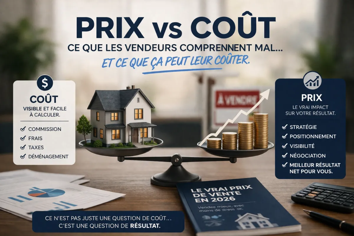 Illustration d’une balance comparant le coût et le prix en immobilier, avec une maison d’un côté et une croissance financière de l’autre, représentant l’impact d’une stratégie de vente sur le résultat net du vendeur.