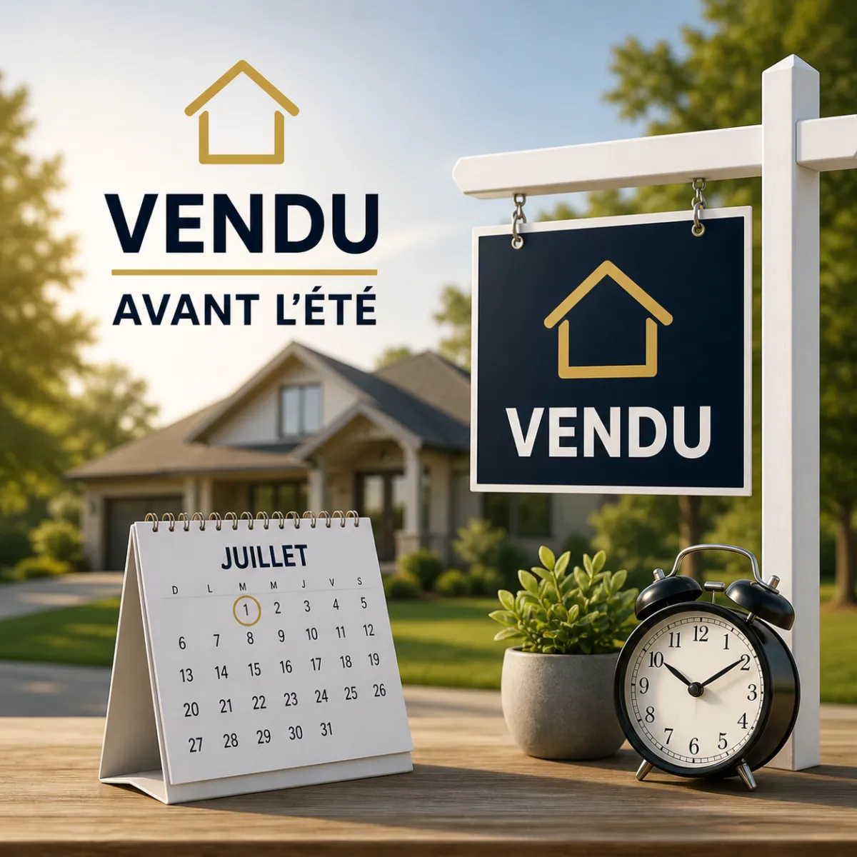 Visuel immobilier lumineux montrant une maison en arrière-plan avec une pancarte « Vendu » et un calendrier indiquant le mois de juillet, accompagné d’une horloge symbolisant le bon timing.
