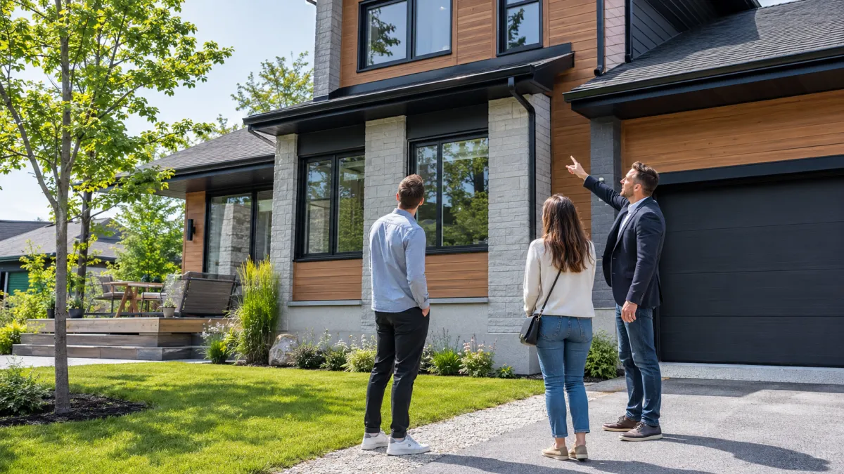 Un couple accompagné d’un courtier immobilier observe attentivement la toiture, les gouttières et l’extérieur d’une propriété québécoise contemporaine pendant une visite estivale.
