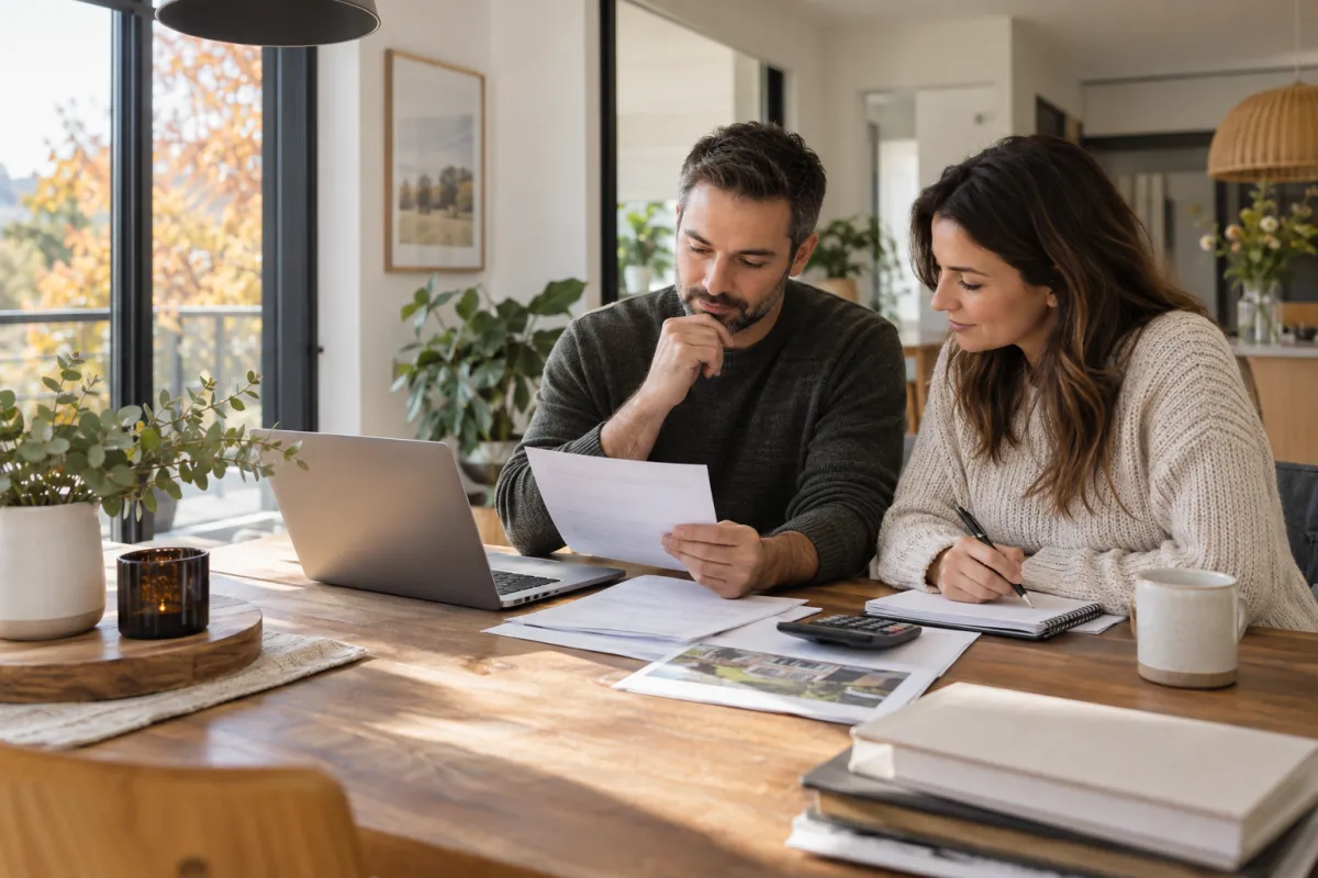 Couple examinant son budget et des documents immobiliers à la maison pendant la période automnale.
