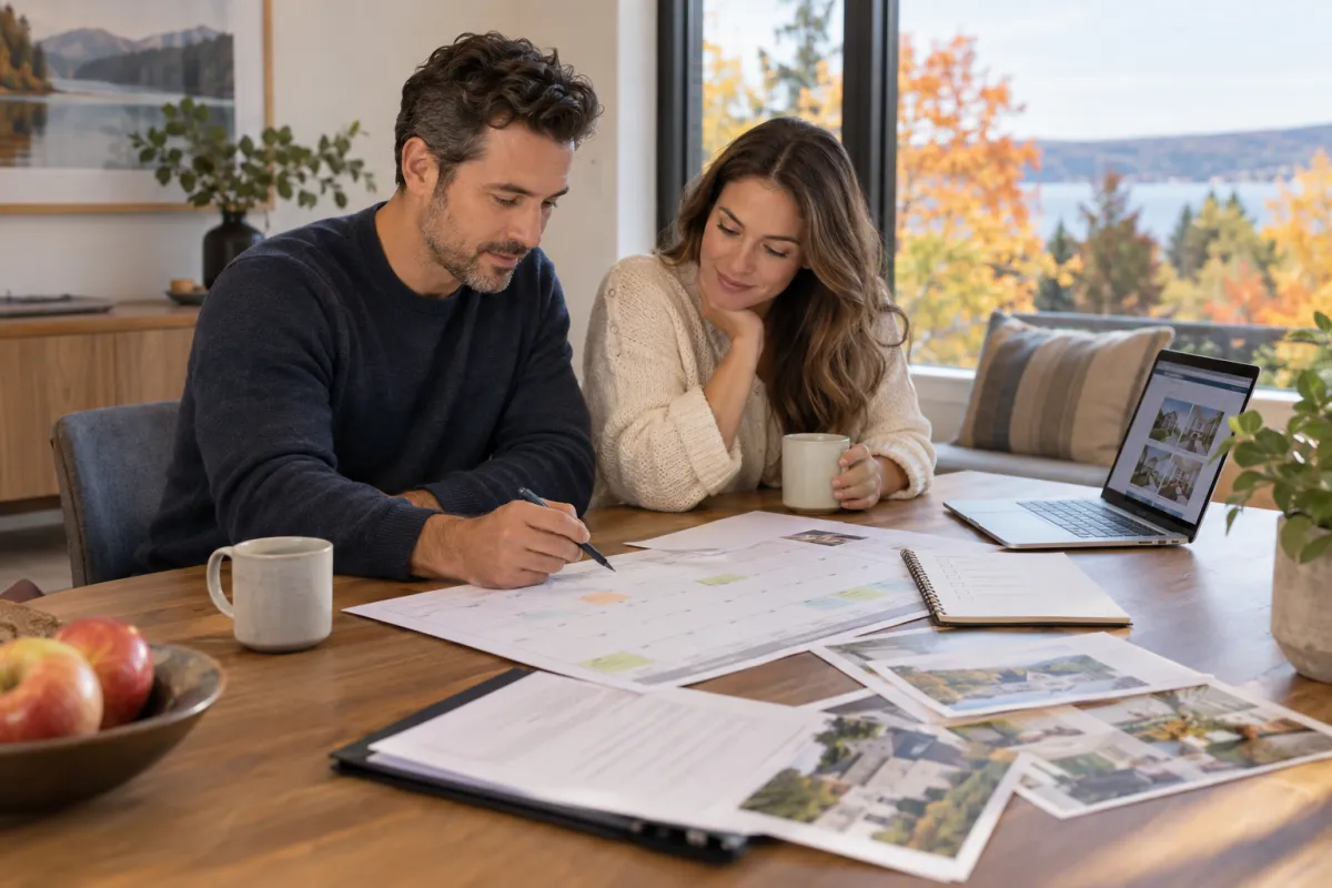 Couple organisant son projet immobilier à l’aide d’un calendrier, d’un ordinateur et de documents dans une maison aux couleurs automnales.
