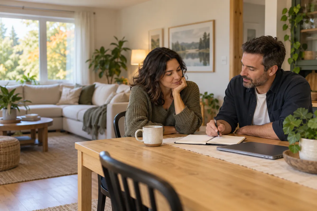 Un couple réfléchit à son projet immobilier autour d’un carnet ouvert, à une table dans un intérieur lumineux.