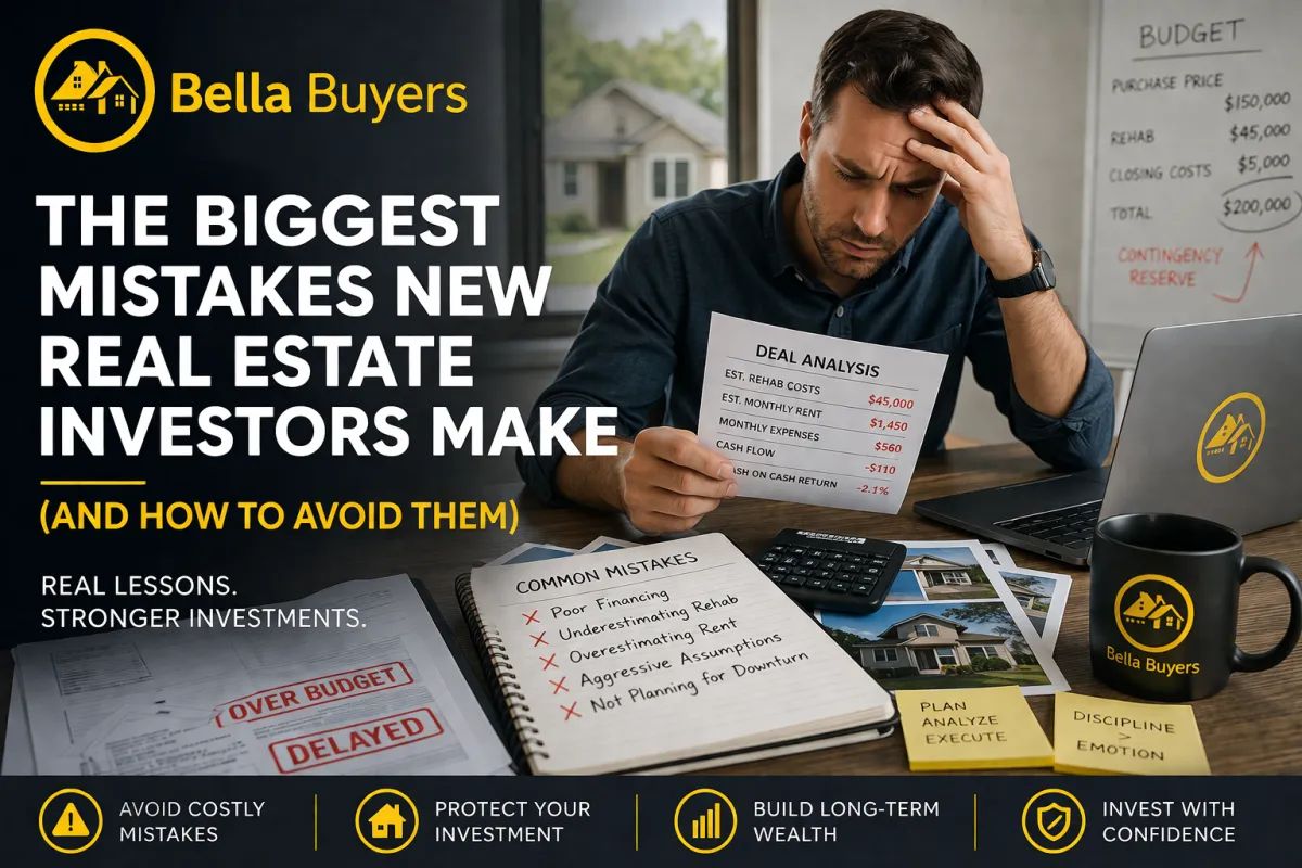 Real estate investor reviewing bad deal analysis with calculator and paperwork showing investment mistakes