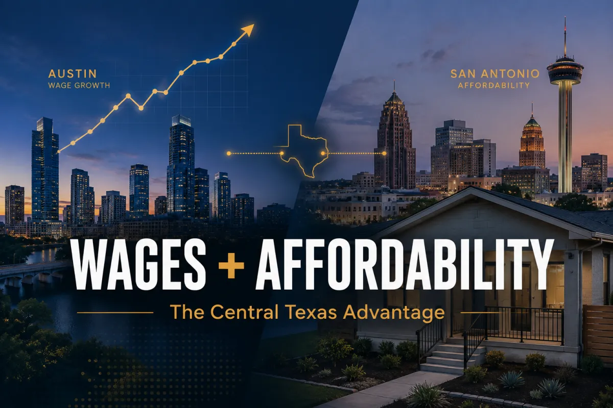 Austin skyline and wage-growth chart contrasted with San Antonio housing and affordability, illustrating the Central Texas real estate investment advantage.