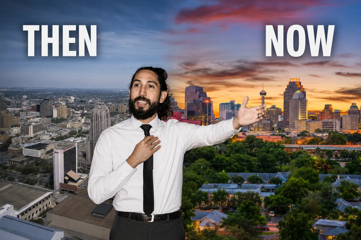 Marco Romero points toward the modern San Antonio skyline in a then-and-now comparison of the city’s real estate market.