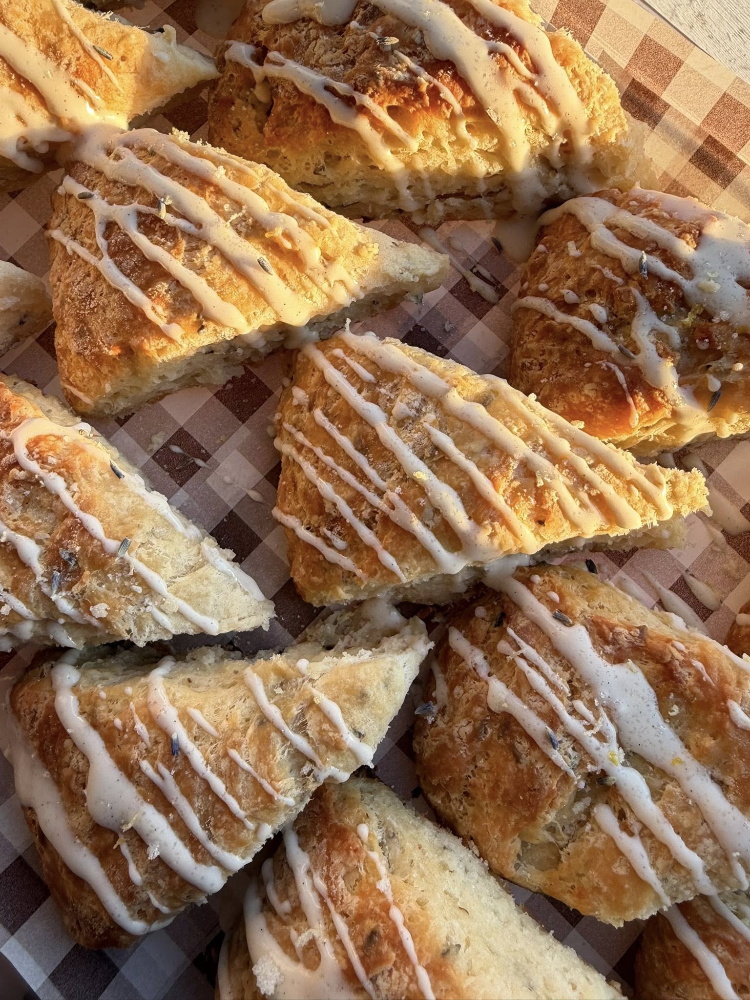 Close-up of a glazed pastry in morning light, square social tile.