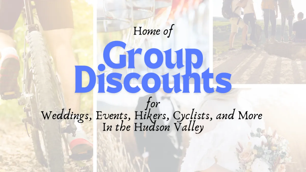 A collage of a cyclist, wine glasses, hikers and a wedding photo promoting group discounts for wedding parties, events, hikers, cyclists, and more.