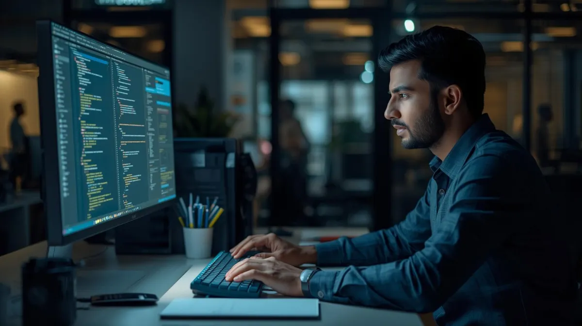 human sitting at computer working and looking at monitor