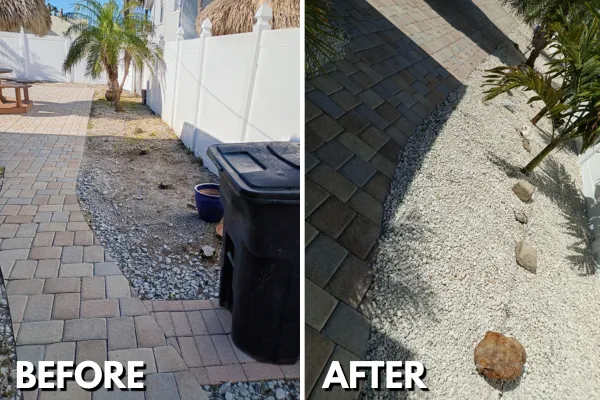 Before and after of a Pinellas County backyard redesigned with palm plants, river rocks, and fresh landscaping borders.