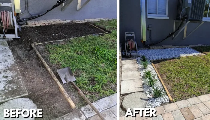 Side-by-side image showing a bare dirt pathway transformed with decorative rocks, edging, and drought-tolerant plants.