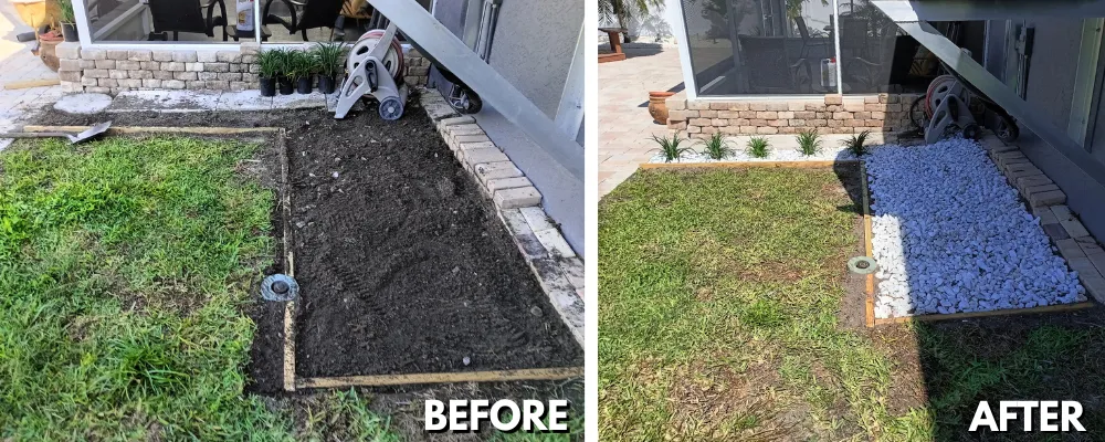 Before and after of a backyard corner with new rock ground cover and low-maintenance plants installed in Pinellas County.