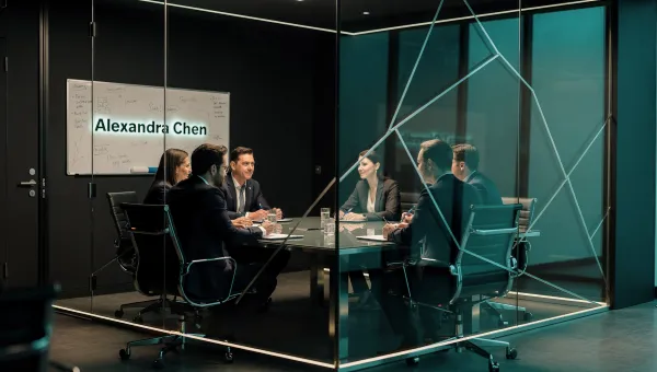 A closed conference room viewed through glass — silhouettes of senior leaders in discussion around a table, one name visibly highlighted on a whiteboard — dark slate tones, teal accent on the name, conveying the high-stakes insider nature of the conversation.