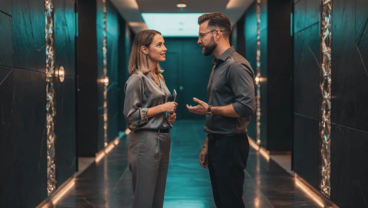 Two professionals in a private hallway exchange — one senior, one mid-career — the senior leader listening intently as the other speaks with quiet confidence — dark slate background, warm teal light, conveying a trusted, strategic alliance.